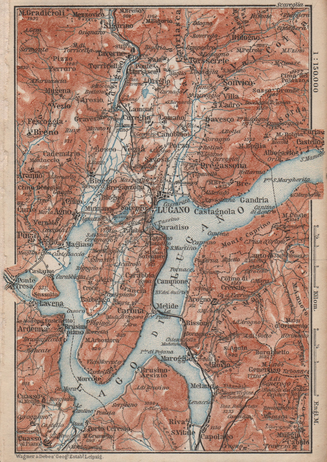 LUGANO ENVIRONS. Lake Lago di. Topo-map. Switzerland Suisse Schweiz 1897
